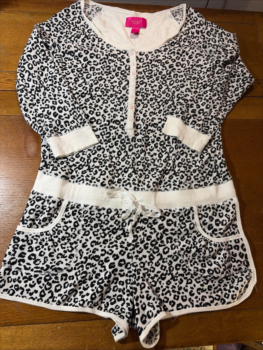 Victoria's Secret Black & White Leopard-Print Short Romper Pajama